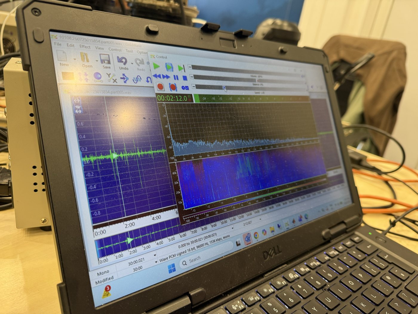 Acoustic recording analysed in the lab: waveform and spectrogram on a field laptop